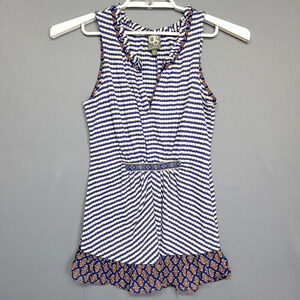 One September Top Womens Medium Striped Sleeveless Boho Floral Trim
